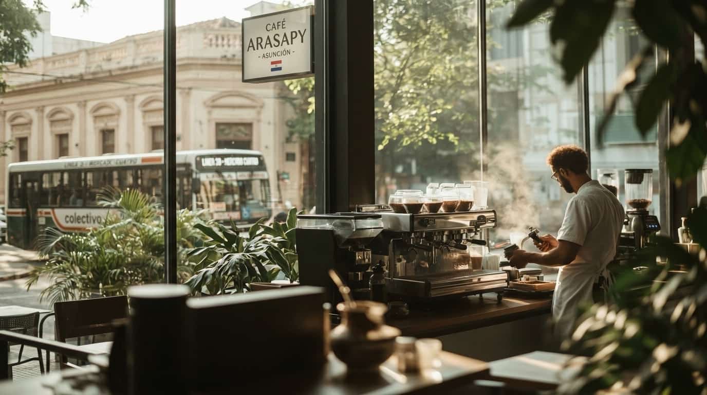 Barista sirviendo leche texturizada en una taza detrás de la barra de una cafetería